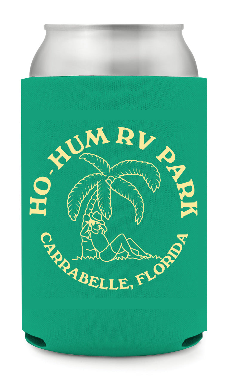 Jumping Dolphins + Beach Scene Carrabelle, FL + Ho Hum Logo Coozie